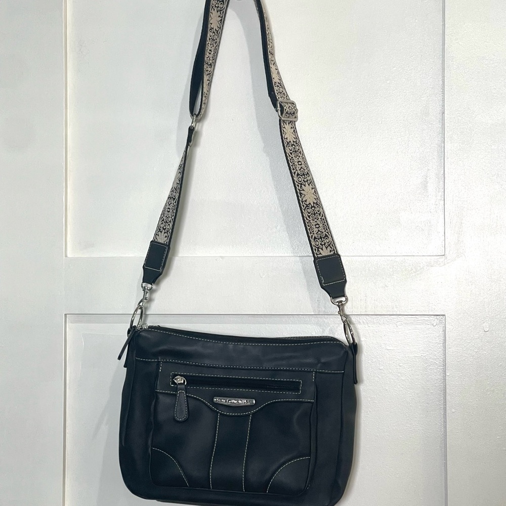 Stone Mountain Black Crossbody Bag with Patterned Adjustable Strap